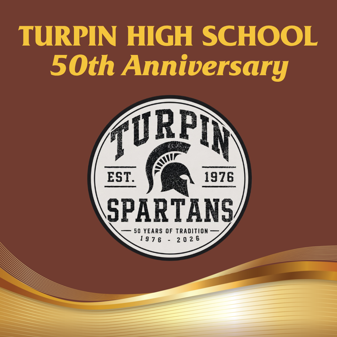 title graphic that says "Turpin high school 50th anniversary" with anniversary logo